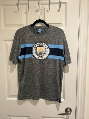 Men's Grey Short-Sleeve Crest Tee with Sky Blue Bands